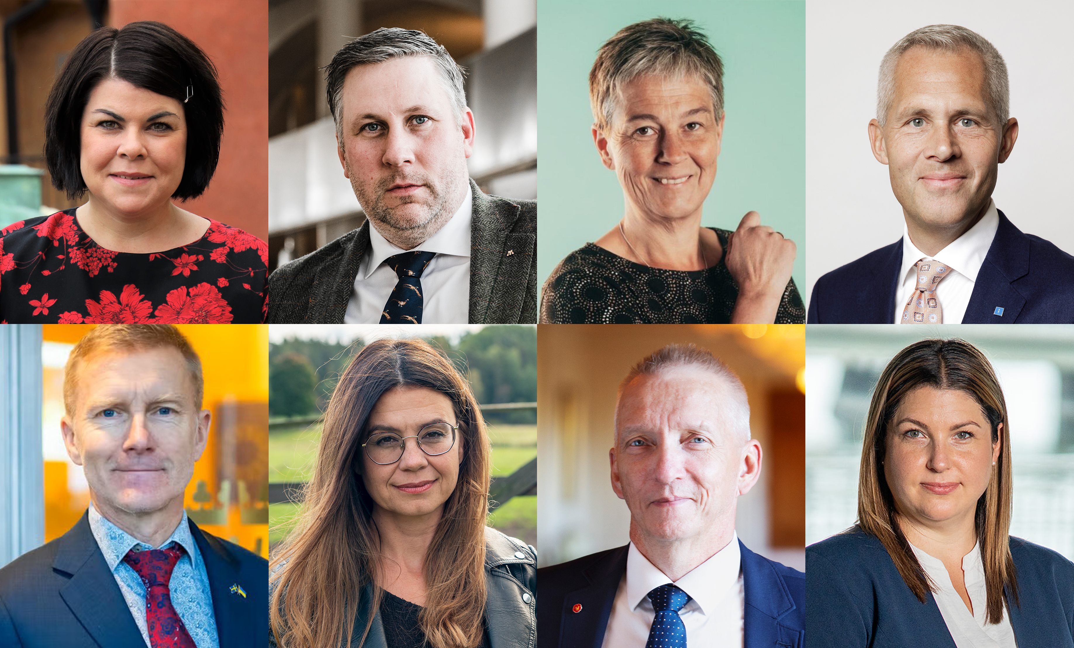 Kollage med bilder på Malin Larsson (S), John Widegren (M), Emma Nohren (MP), Kjell-Arne Ottosson (KD), Staffan Eklöf (SD), Helena Lindahl (C), Birger Lahti (V) och Elin Nilsson (L).