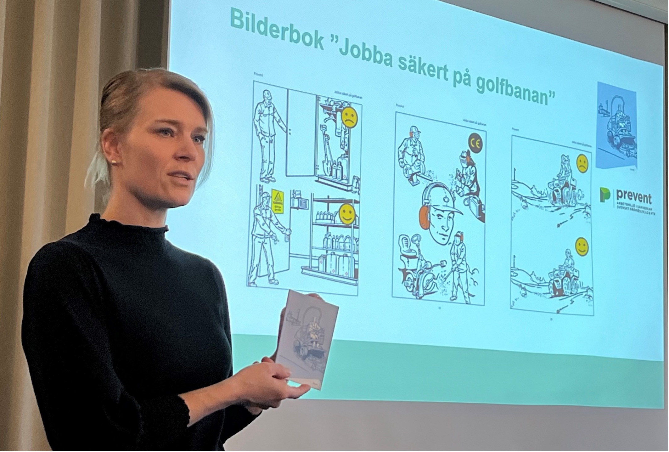 Bild på Camilla Backlund, Gröna arbetsgivare, som berättar om bilderboken ”Jobba säkert på golfbanan”.