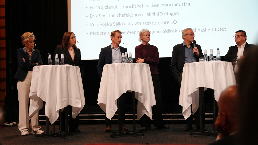 Panelen med Beata Hammarskiöld, Svenskt Näringsliv, Anna Freij, Grafiska Företagen, Erik Spector, Teknikföretagen, Erica Sjölander, Facken inom industrin, Peter Hellberg, Unionen, och Veli-Pekka Säikkälä, LO.