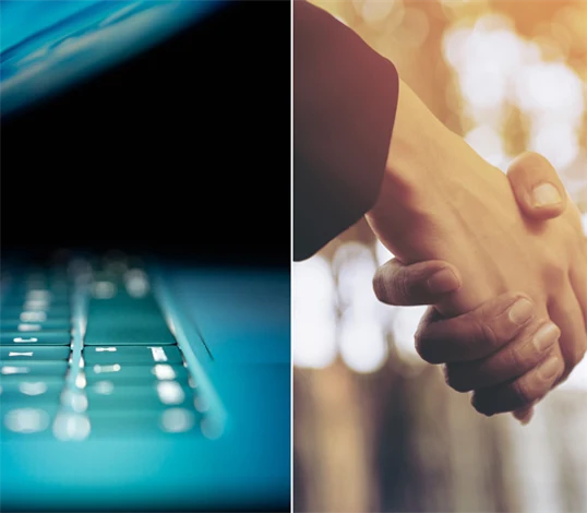 Bild på en laptop och ett handslag.