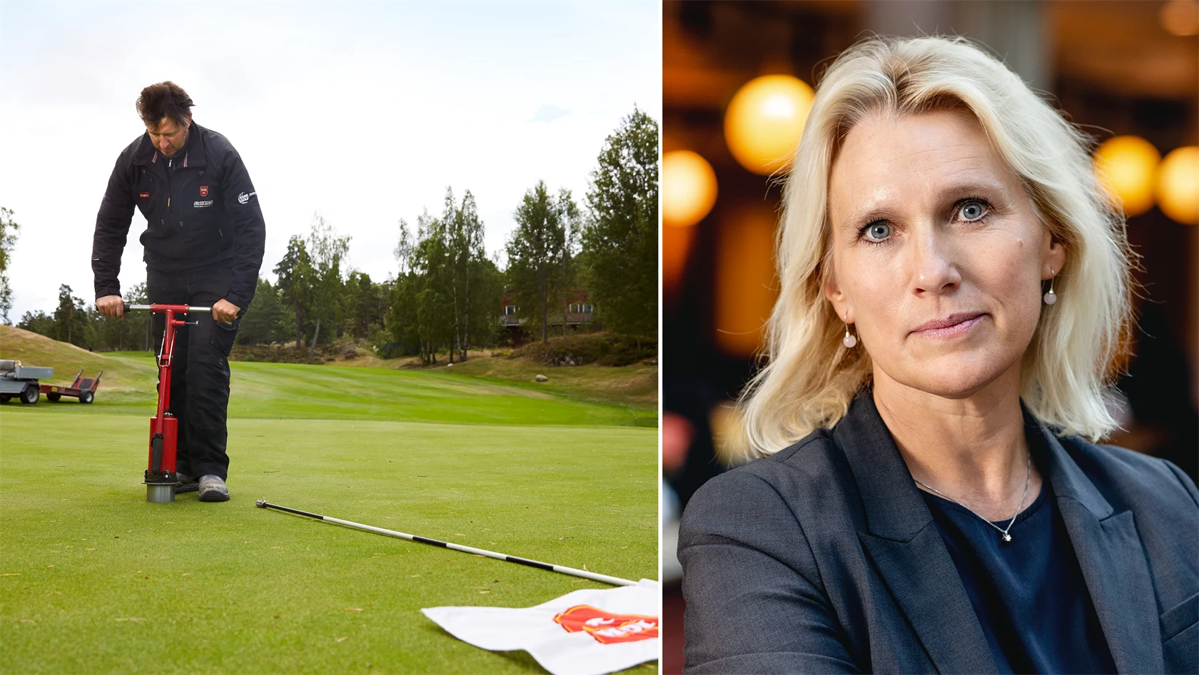 Genrebild från golfbana och bild på Anna Vargö, förhandlingschef på Gröna arbetsgivare.