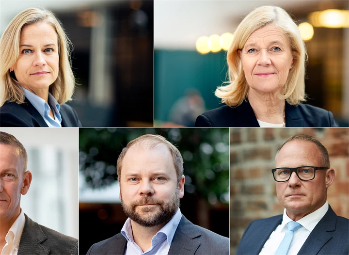 Kollage med bilder på Eva Glückman (Grafiska Företagen), Lena-Liisa Tengblad (Gröna arbetsgivare), Jakob Tellgren (IKEM), Erik Haara (TMF), och Björn Hellman (Livsmedelsföretagen).