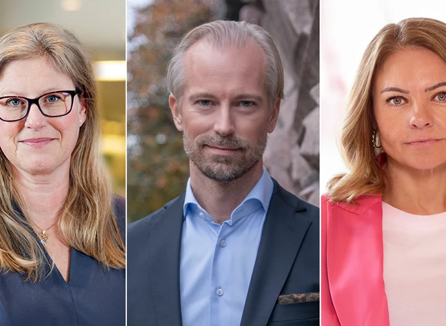 Porträttbilder på Emma Terander, arbetsmarknadschef Gröna arbetsgivare, Fredrik Östbom, näringspolitisk chef Almega, och Anna Wallén, näringspolitisk chef Visita.