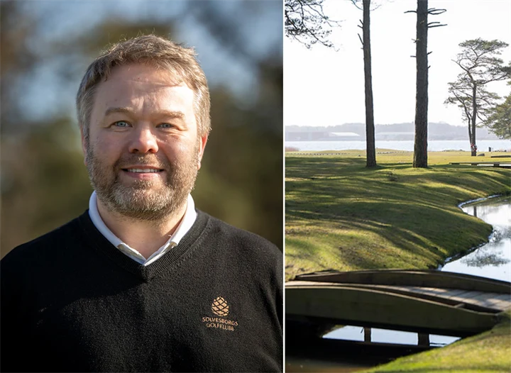 Bild på Kristian Olsson, klubbchef för Sölvesborgs GK, och diket som sammansluter banans olika våtmarker.