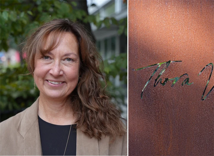 Bild på Heather Öberg, vd för Thora Vingård, och företagets logotyp.