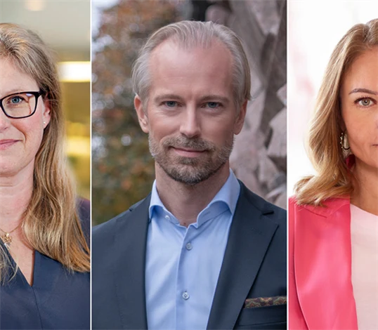 Porträttbilder på Emma Terander, arbetsmarknadschef Gröna arbetsgivare, Fredrik Östbom, näringspolitisk chef Almega, och Anna Wallén, näringspolitisk chef Visita.