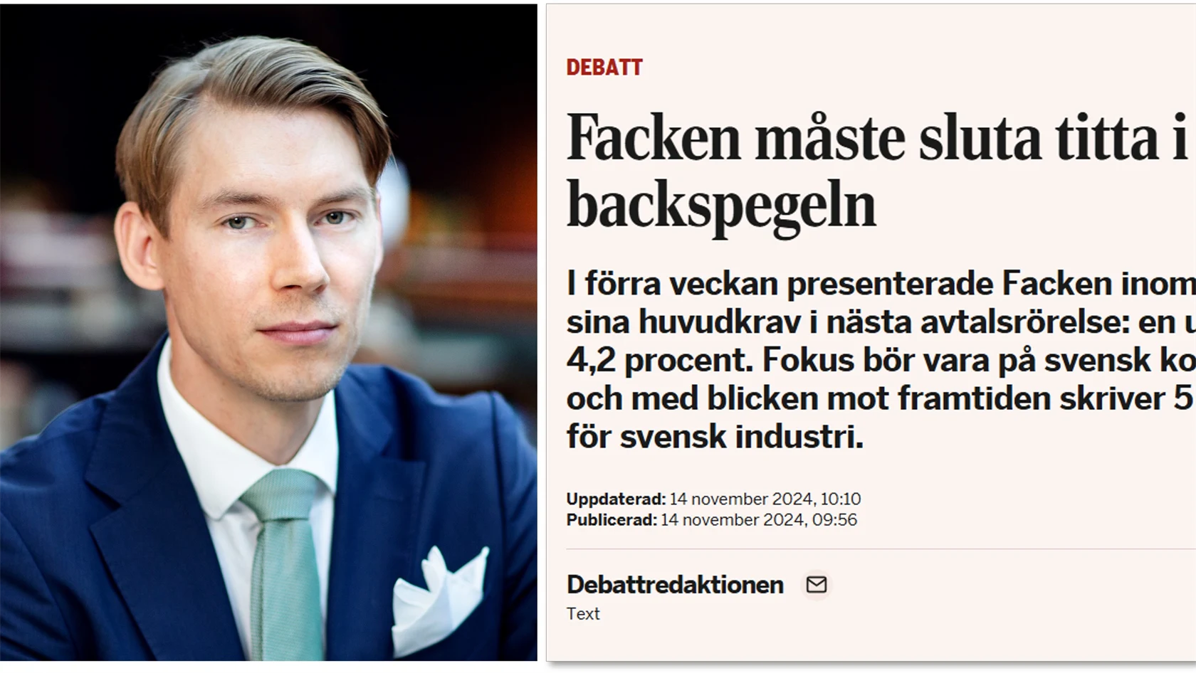 Joakim Wirén, chefsekonom på Gröna arbetsgivare och skärmbild från di.se.
