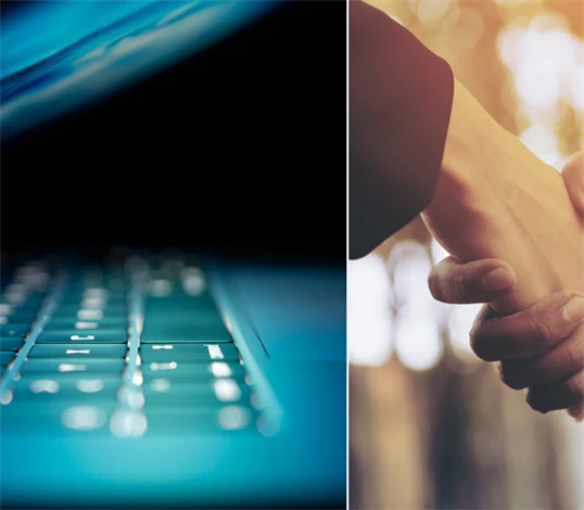 Bild på en laptop och ett handslag.