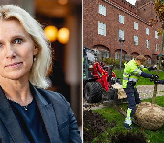 Bild på Anna Vargö, förhandlingschef på Gröna arbetsgivare, och genrebild trädgårdsanläggning.