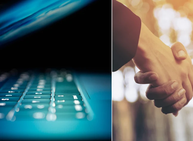 Bild på en laptop och ett handslag.