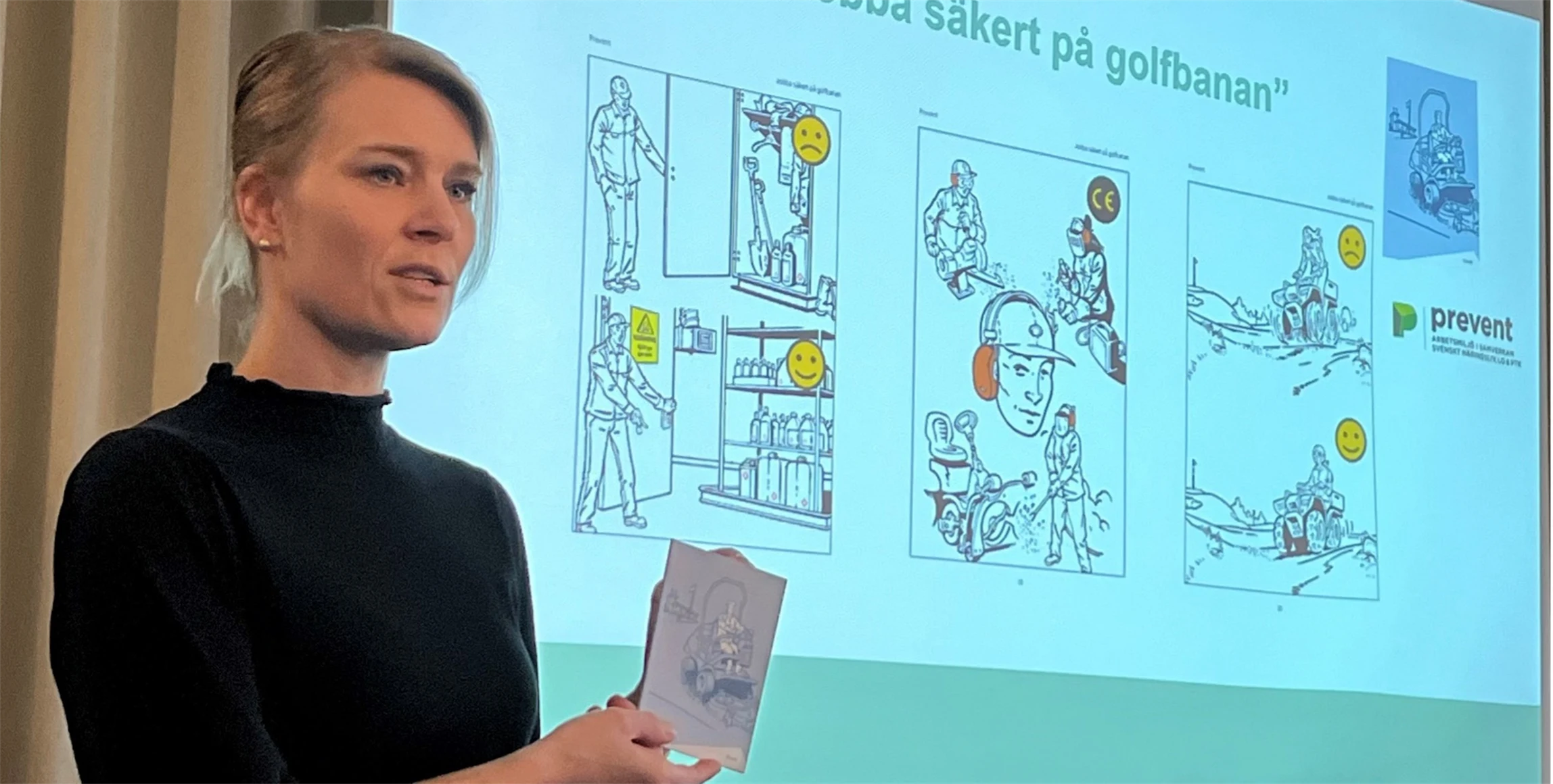 Bild på Camilla Backlund, Gröna arbetsgivare, som berättar om bilderboken ”Jobba säkert på golfbanan”.