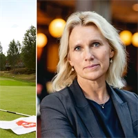 Genrebild från golfbana och bild på Anna Vargö, förhandlingschef på Gröna arbetsgivare.