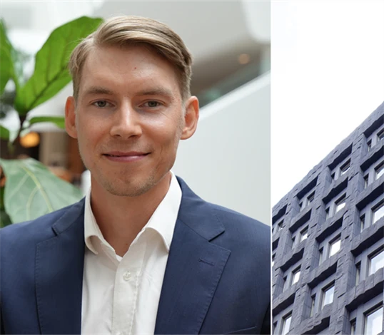 Bild på Joakim Wirén, chefsekonom på Gröna arbetsgivare, och Riksbankshuset.