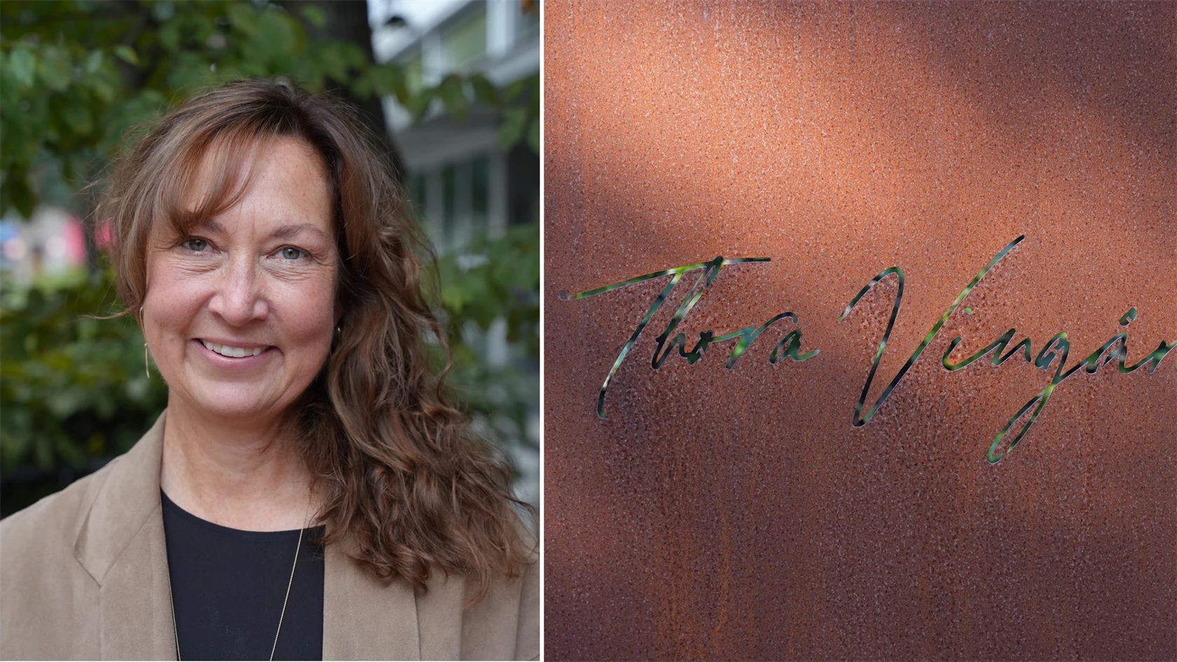 Bild på Heather Öberg, vd för Thora Vingård, och företagets logotyp.